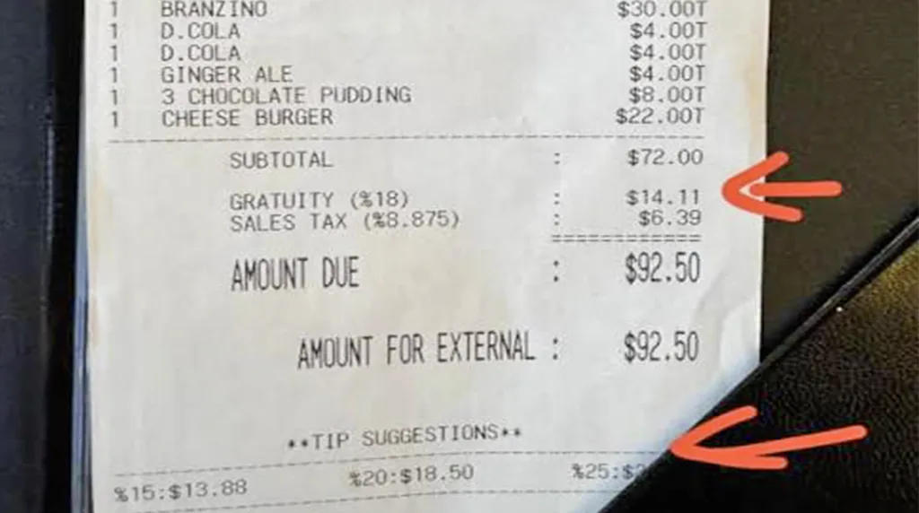 Gratuity Included auf der Restaurantrechnung in New York